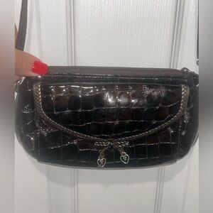 Vintage Brighton Leather Crossbody Wallet Black Brown Croc Embossed‎ Organizer